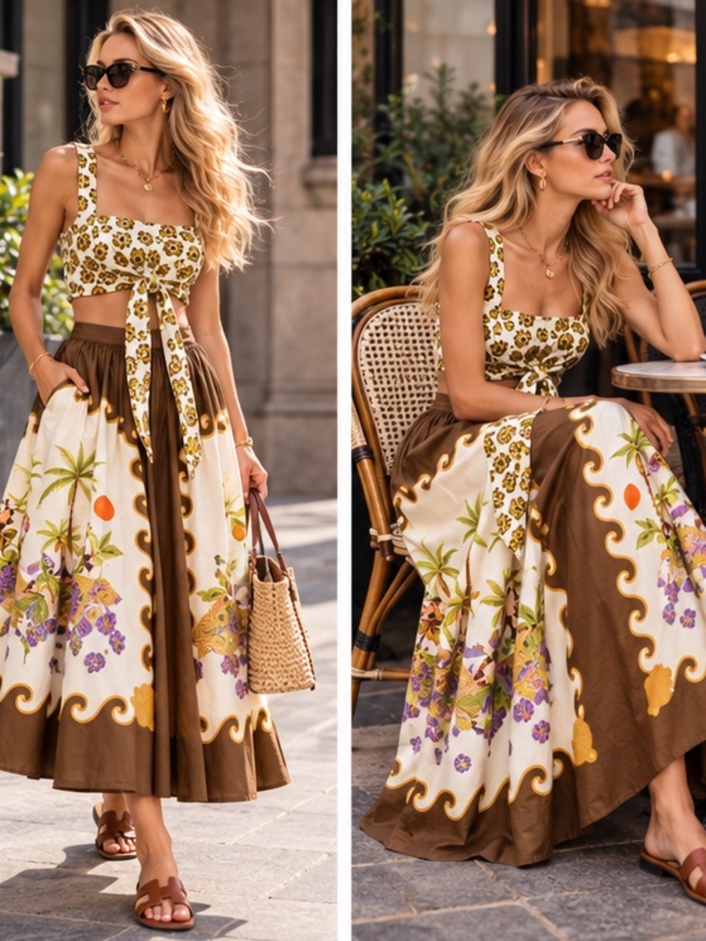 Alemais Set, Floral Tie-Front top and Midi Skirt - Brown & White